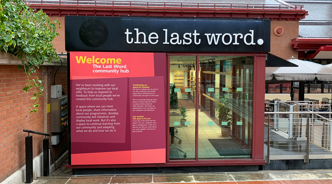 The Last Word community hub in the British Library piazza outside the main entrance to the Library