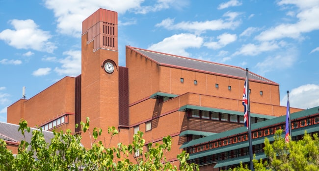 The outside of the British Library building in St Pancras, London