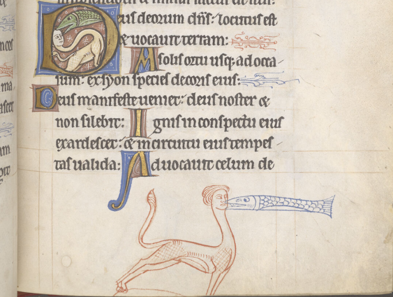 The bottom of a Psalter featuring a fish attacking a hybrid