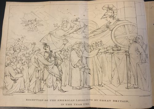 An etching depicting Britannia with a large shield and plumed helmet in a welcoming posture with loyal subjects below her.