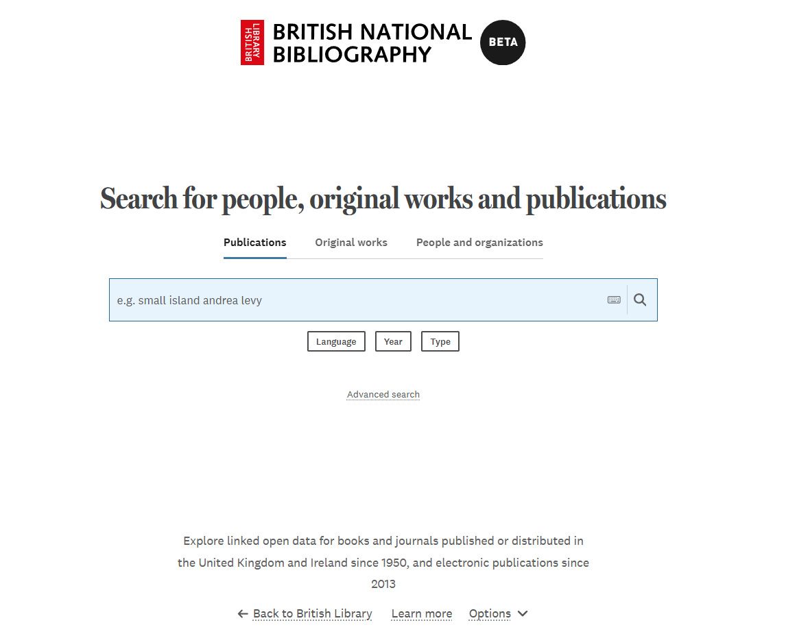 BNB homepage showing search box with text above "Search for people, original works and publications".