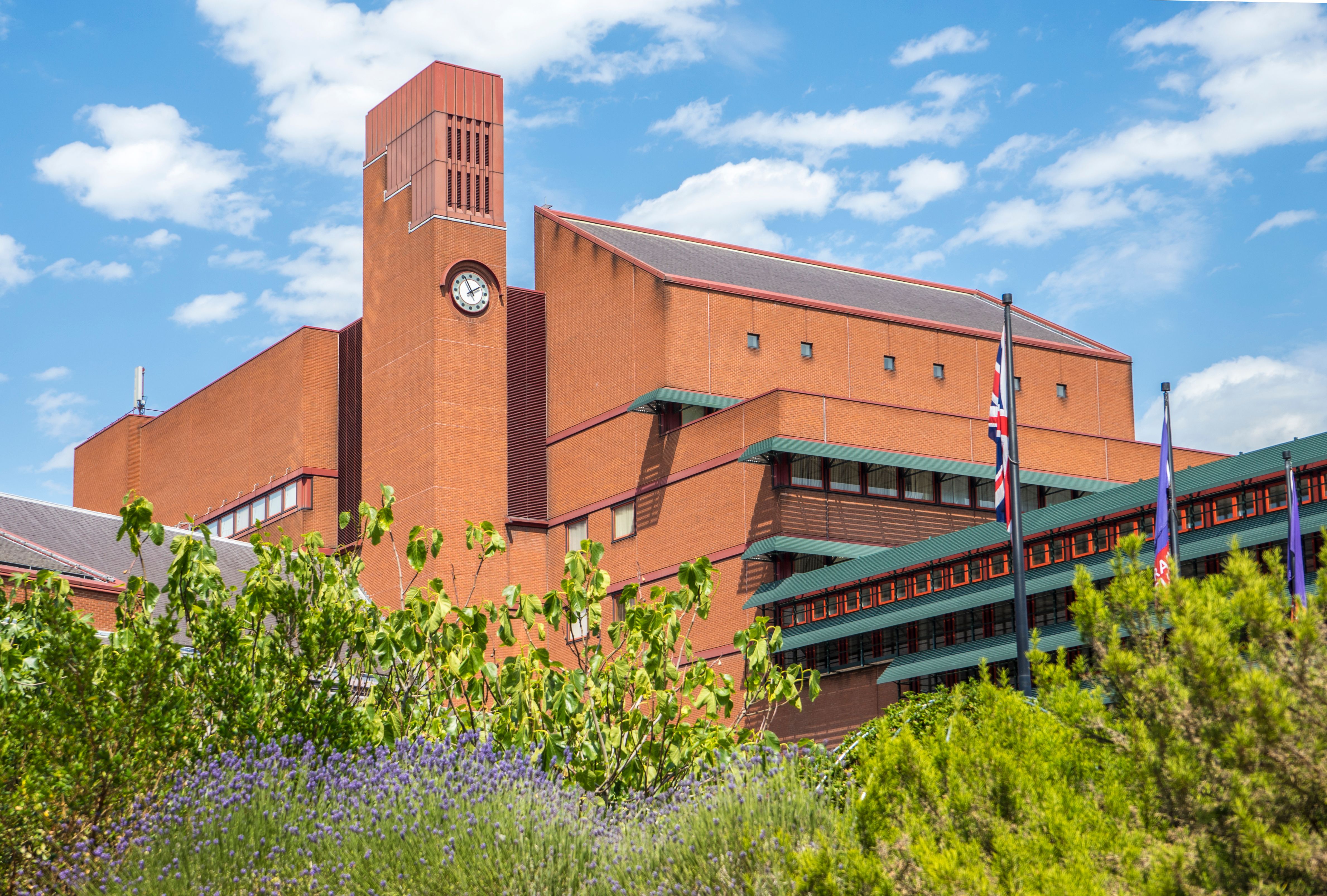 External view of the British Library building in St Pancras, London from below.