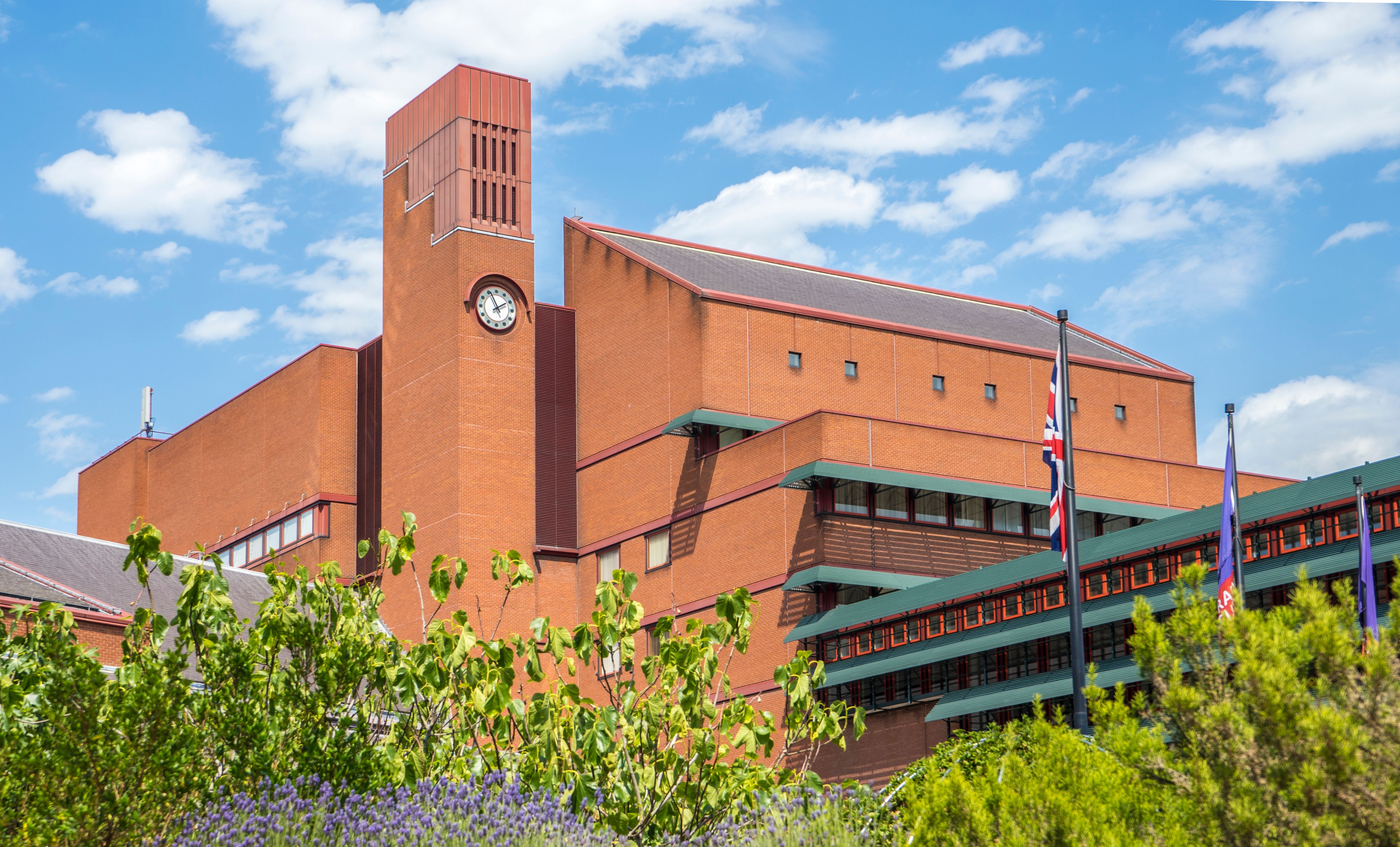 External view of the British Library building in St Pancras, London from below.