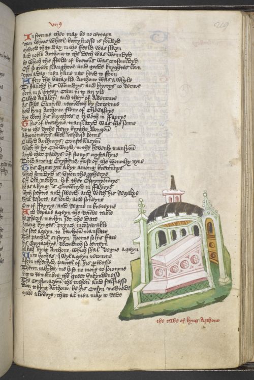 Manuscript page. Illustration bottom right, a tomb
