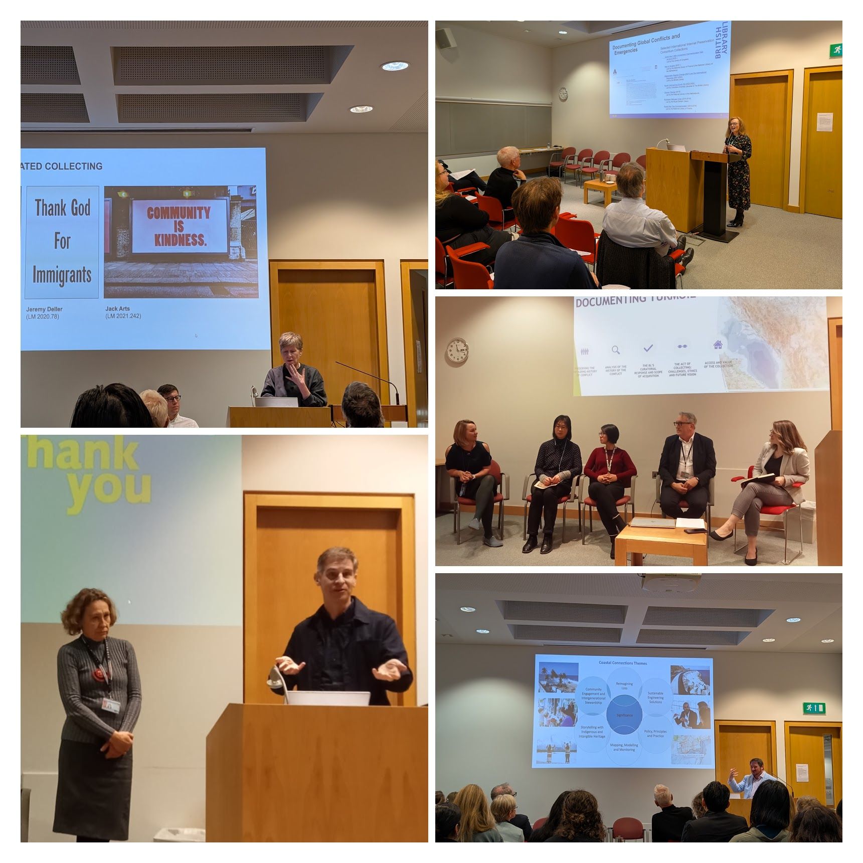 A collage of five photos from a conference, featuring various speakers and a panel discussion on documenting global conflicts.
