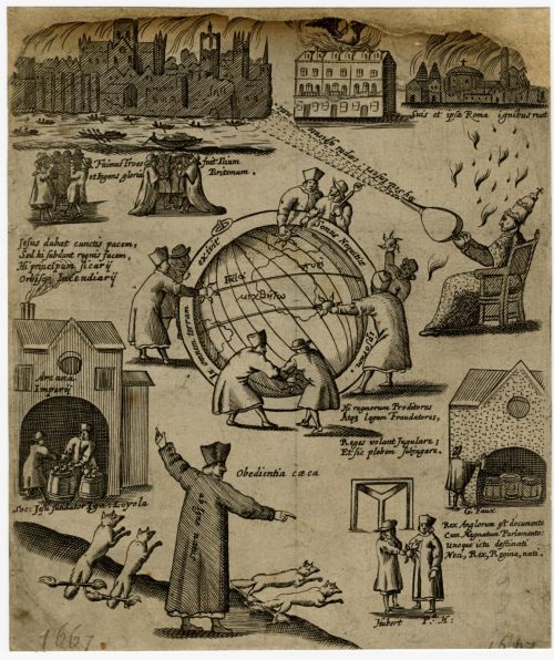 Frontispiece to 'Pyrotechnica Loyalana, Ignatian Fire-Works - Hubert exchanges a hand grenade with a Jesuit priest