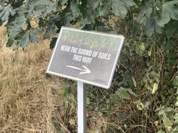 A sign in a field saying 'hear the sound of the soils this way' with an arrow