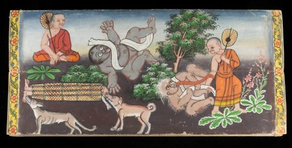Two monks in corpse meditation, one of them transferring merit to the deceased by holding the pamsukula cloth.