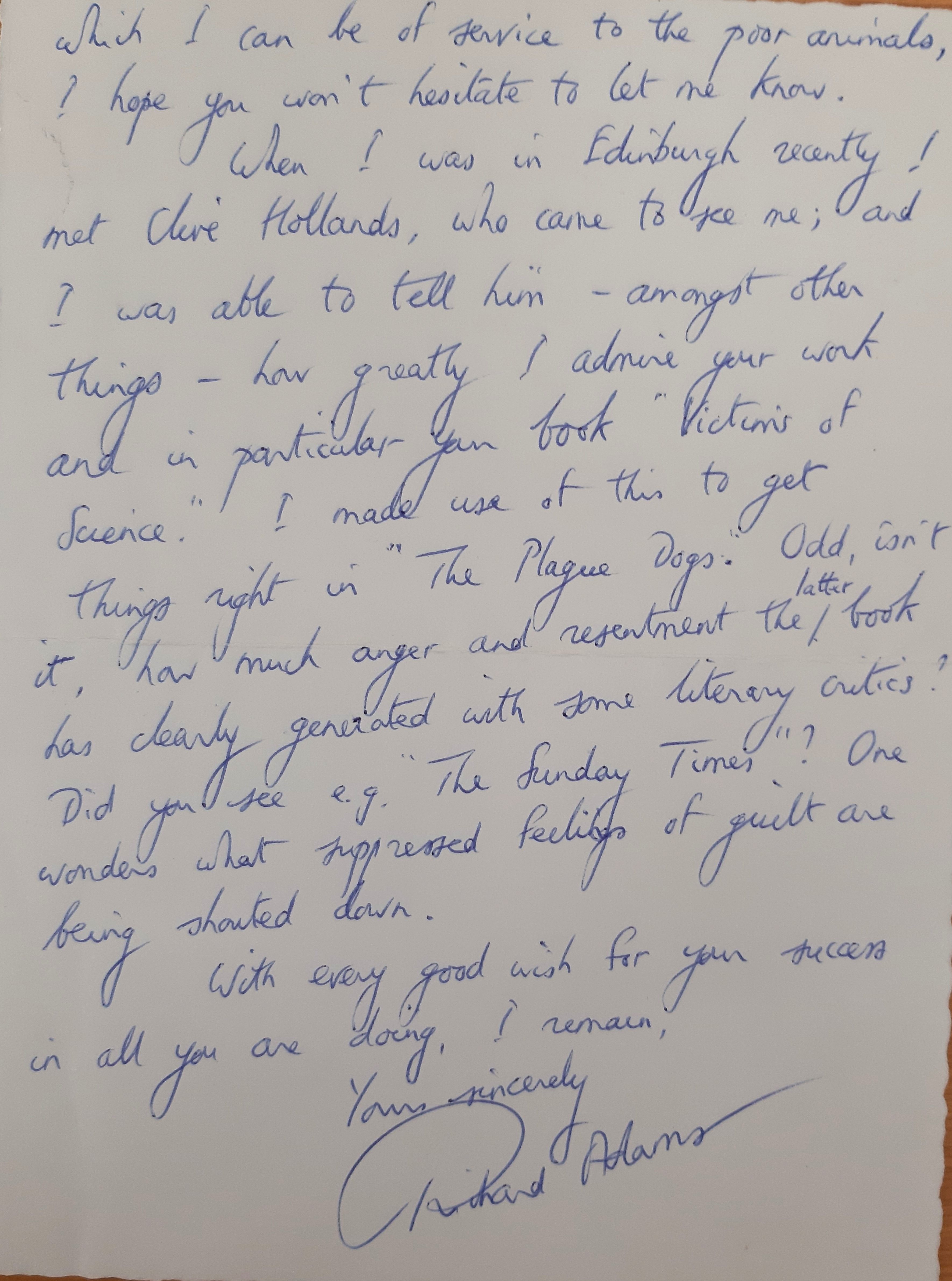 Letter to Ryder from the author, Richard Adams.