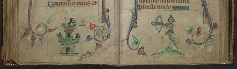 An opening from a Book of Hours, featuring a marginal illustration of a cat with a crossbow attacking mice in a castle.