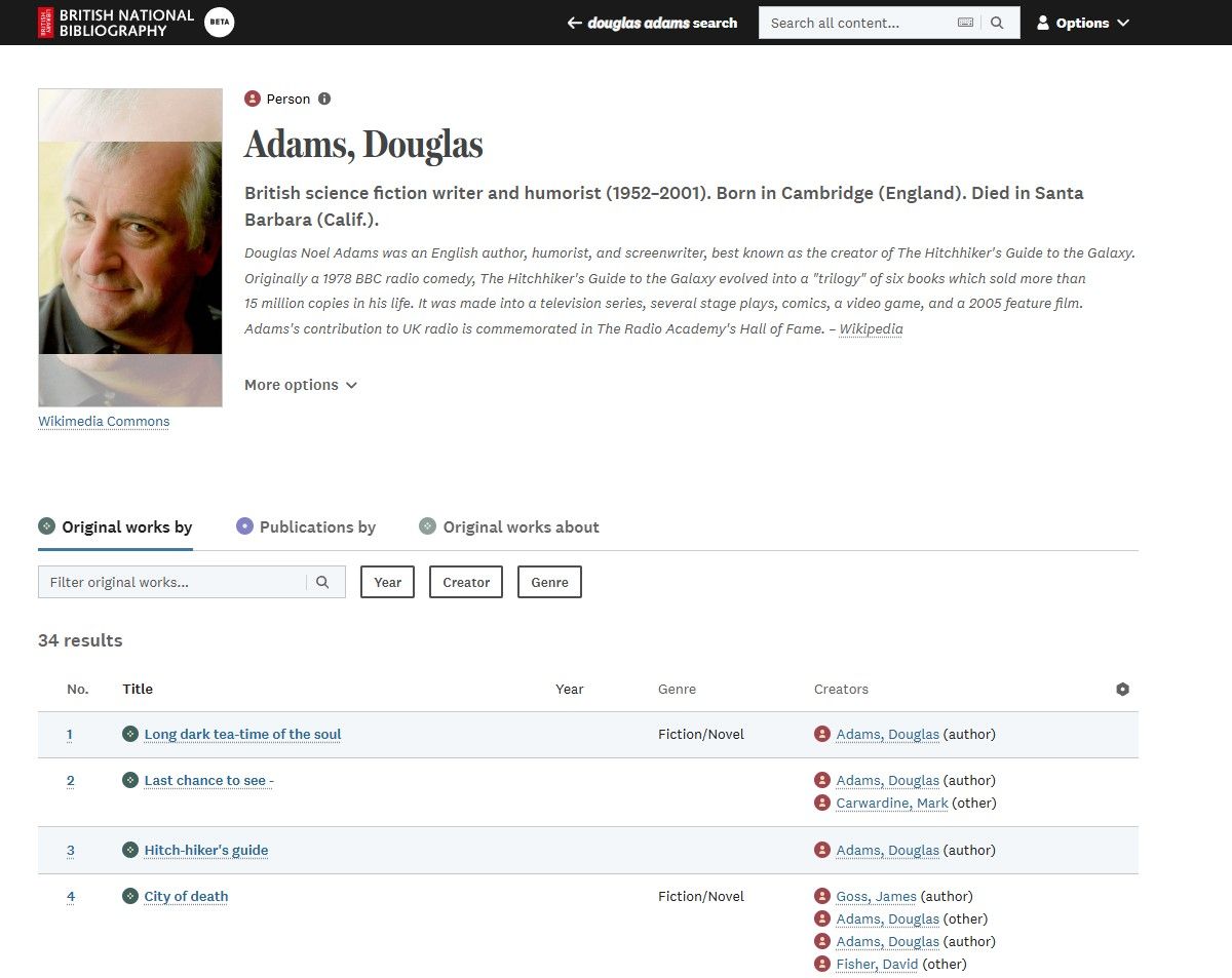 Entry for author Douglas Adams in the British National Bibliography, listing his works.