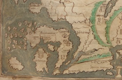 Detail of the 11th-century map of the world showing Britain and Ireland