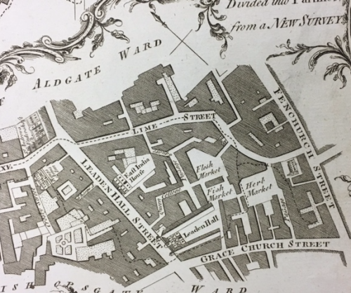 Detail showing East India House from 'Plan of Queen Hith and Vintry Wards divided into Parishes from a New Survey'. Map of the City of London by Royce showing Leadenhall Street and East India House. Late 18th century. 1780-1800. British Library, P2337