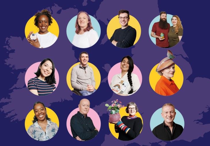 Twelve entrepreneurs pose on the front cover of the BIPC Democratising Entrepreneurship impact report.