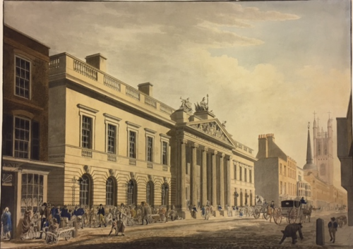 The East India House, Leadenhall Street by James Elmes, 1803,  as rebuilt by Richard Jupp and Henry Holland in 1796 to 1799. British Library, WD4585