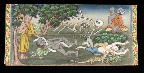 Another scene of two monks in corpse meditation, one of them transferring merit to the deceased by holding the pamsukula cloth.