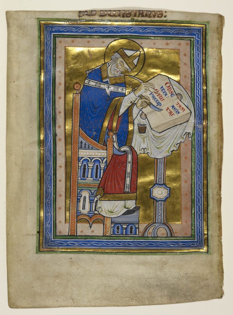 A portrait of St Dunstan writing at a desk.