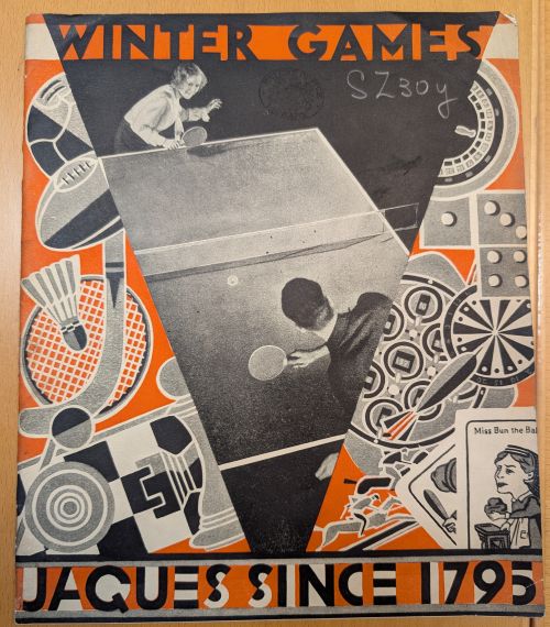 A winter games advertisement from 1933, by John Jaques & Sons Limited. Showing two people playing table tennis and illustrations of other games.