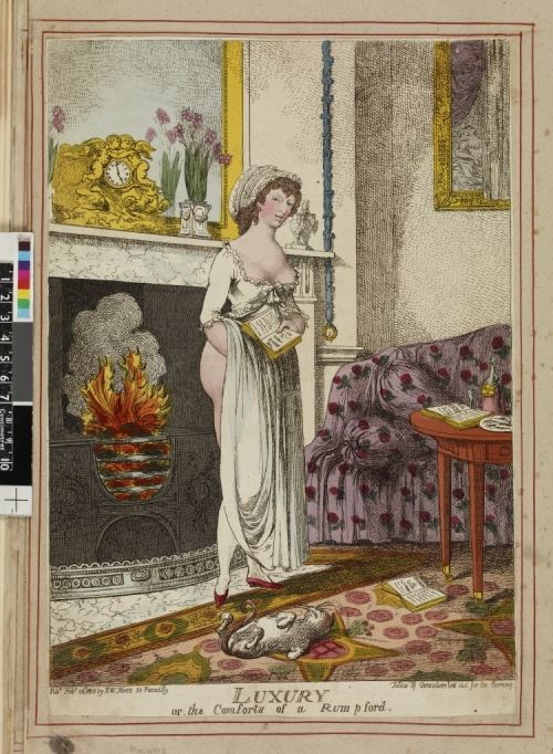 A Lady reading The Monk, standing in front of a fire with her bottom exposed.