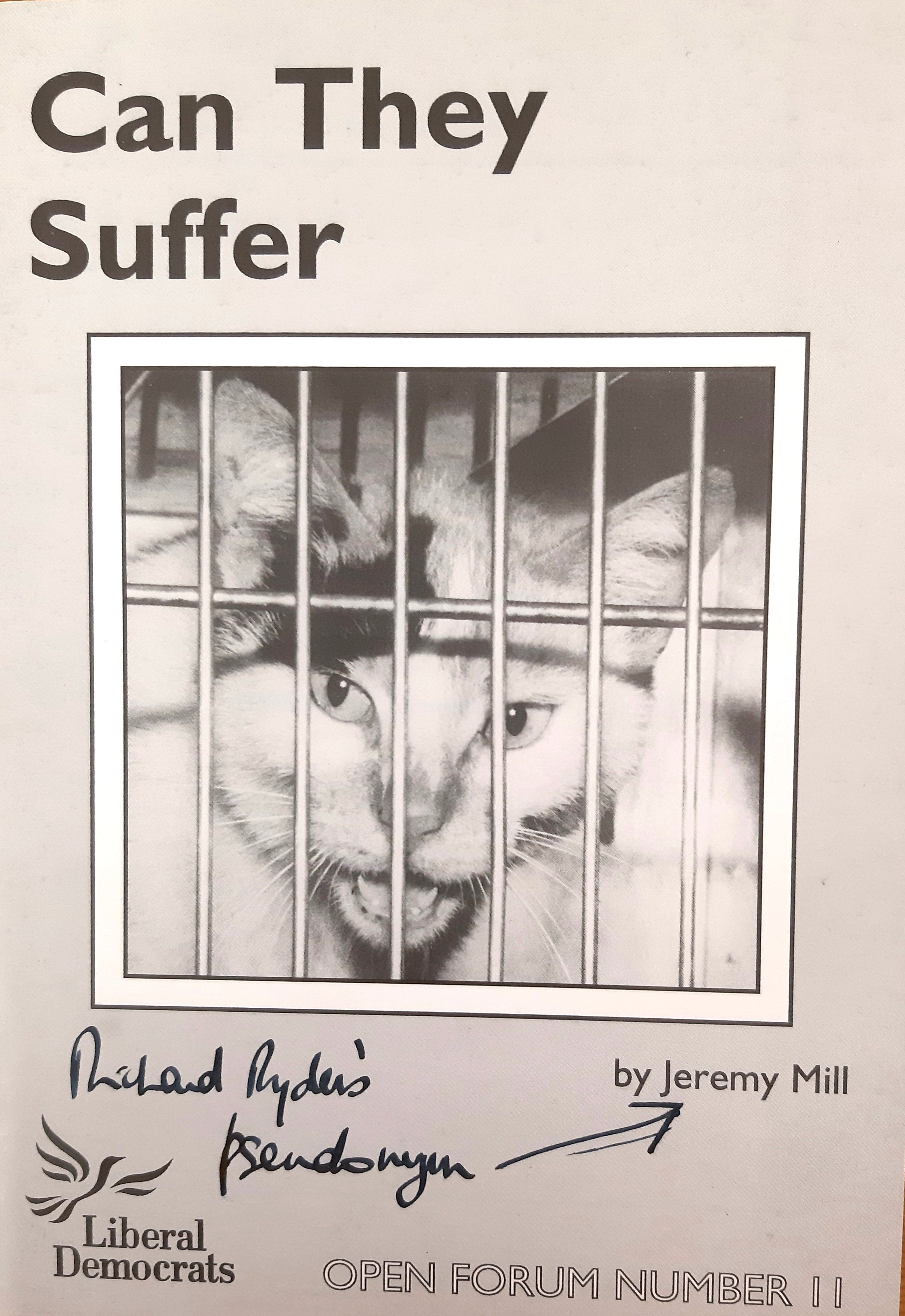 Front cover of the book Can They Suffer, with a cat in a cage.