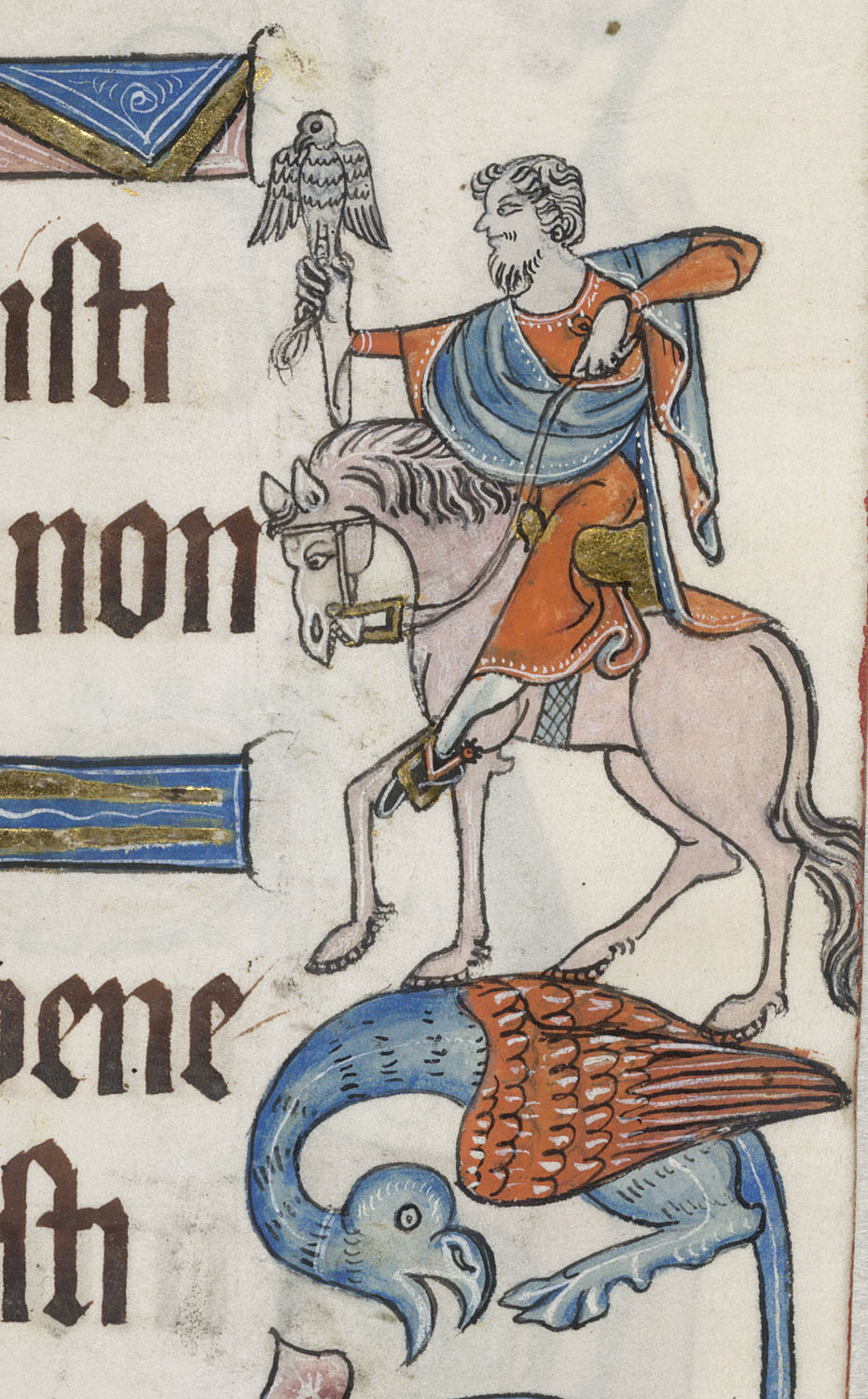 A marginal illustration of a man hawking, from the Luttrell Psalter.