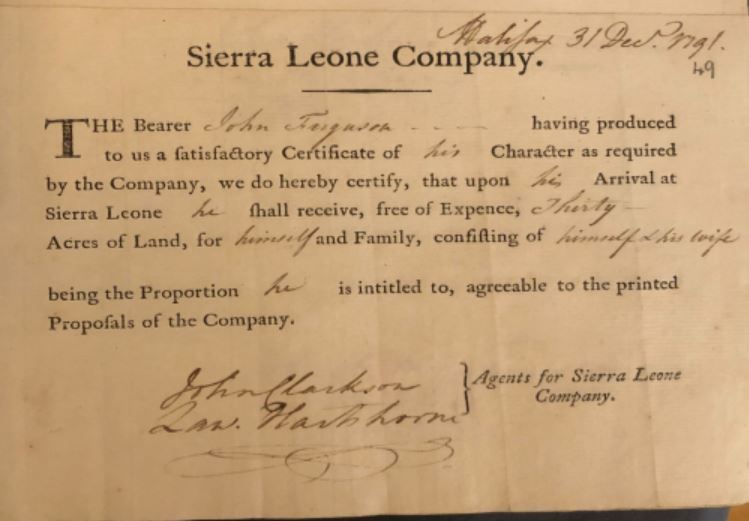 A document promising land to someone who has moved to Sierra Leone and has been deemed to have a 'satisfactory character'. The document is mainly printed, but the particulars of his case (name/amount of land he will receive etc) have been filled in by pen and ink.