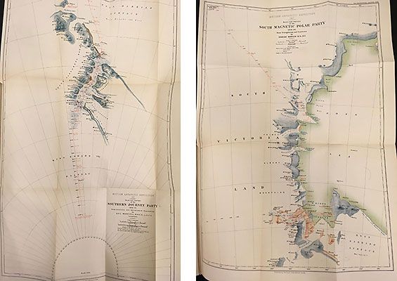 Maps showing Southern Journey Party [left] and South Magnetic Polar Party [right], in the Geographical Journal 1909 Vol 34 no 5