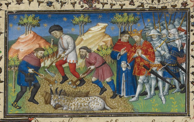 Alexander watches his three-horned horse, Bucephalus, being buried with his soldiers behind him.