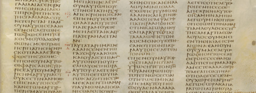 Detail of continuous script in the columns of the Codex Sinaiticus.