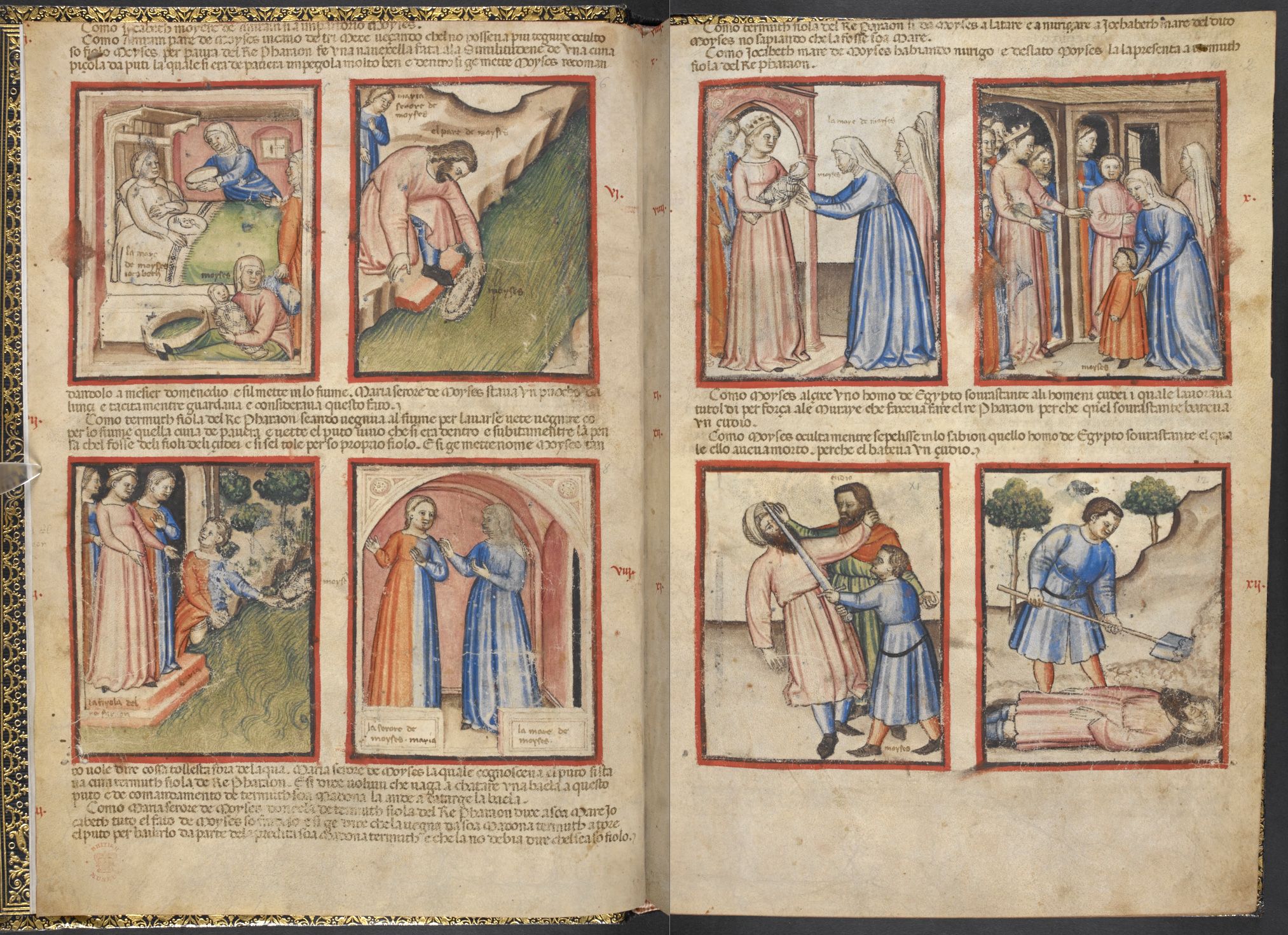 The beginning of the Book of Exodus showing the story of Moses in the portion of the Paduan Bible Picture Book.