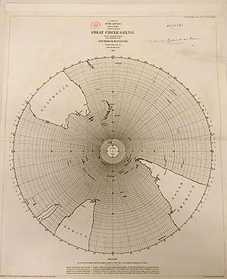 Chart of the southern hemisphere published in 1858 showing great circle sailing routes