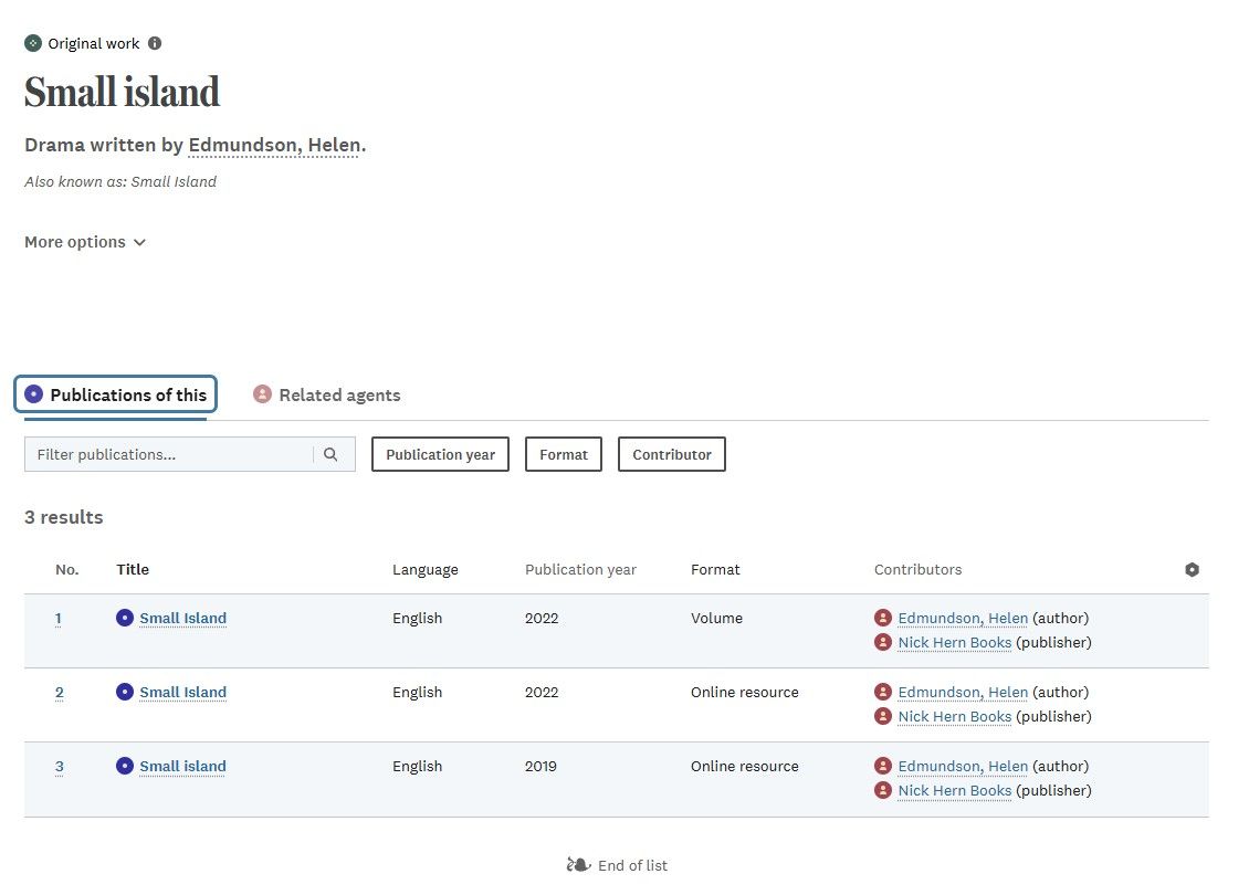 Entry in the British National Bibliography about "Small Island" by Helen Edmundson.