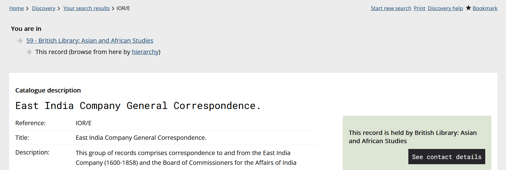 Hierarchy link above the IOR/E catalogue description in the Discovery platform.