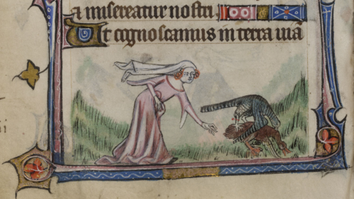 A detail from the Taymouth Hours, showing an illustration of a woman watching a hawk bring down a duck.