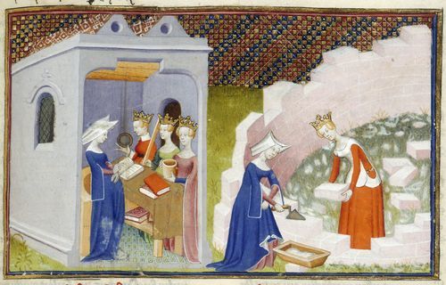 llustrations of Christine de Pizan before the personifications of Rectitude, Reason, and Justice in her study, and helping another lady to build the 'Cité des dames', from The Book of the Queen.