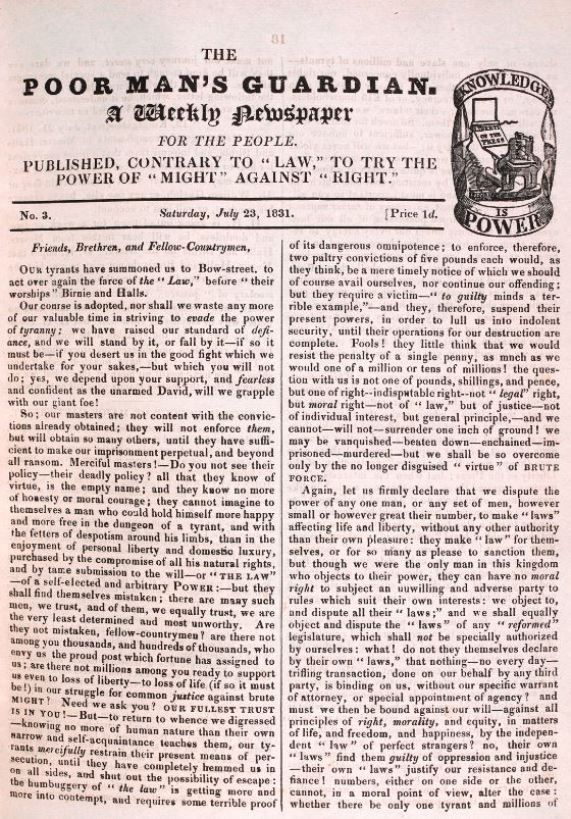 Poor Mans Guardian newspaper 23 July 1831.