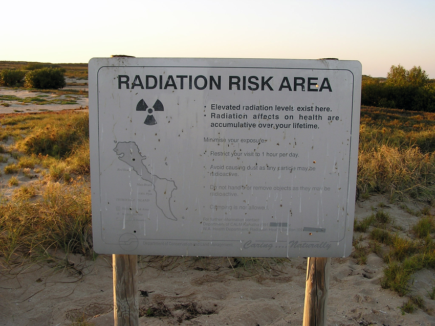 A radiation risk sign on Trimouille Island, which reads: 'Elevated radiation levels exist here'.