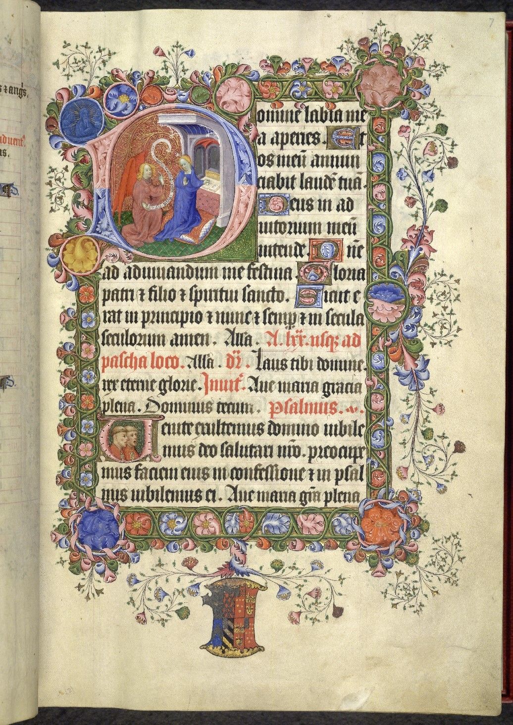 A page from a medieval Psalter and Hours, showing an initial ‘D’ enclosing an illustration of the Annunciation, with a full border in colours and gold.