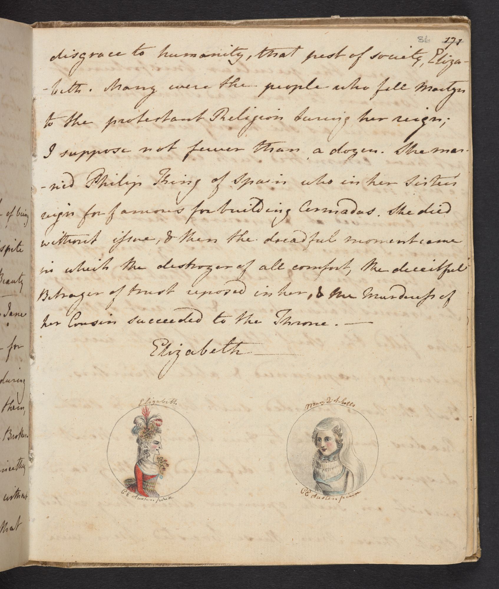 Jane Austen's manuscript for 'The History of England' in her own handwriting with watercolour illustrations of Mary, Queen of Scots and Elizabeth I by her sister Cassandra.