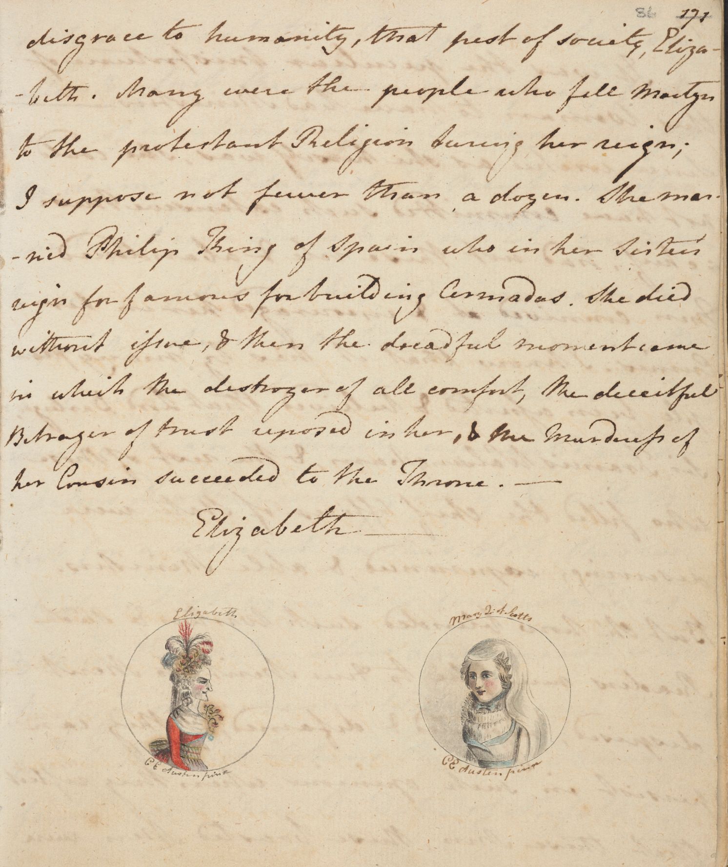 Jane Austen's manuscript for 'The History of England' in her own handwriting with watercolour illustrations of Mary, Queen of Scots and Elizabeth I by her sister Cassandra.