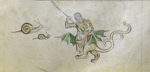 A marginal illustration from the Queen Mary Psalter, showing snails atacking a knight in combat with a dragon.