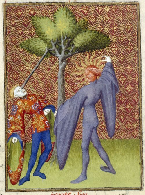 An illustration of Apollo killing Ganymede, from Christine de Pizan's The Book of the Queen.