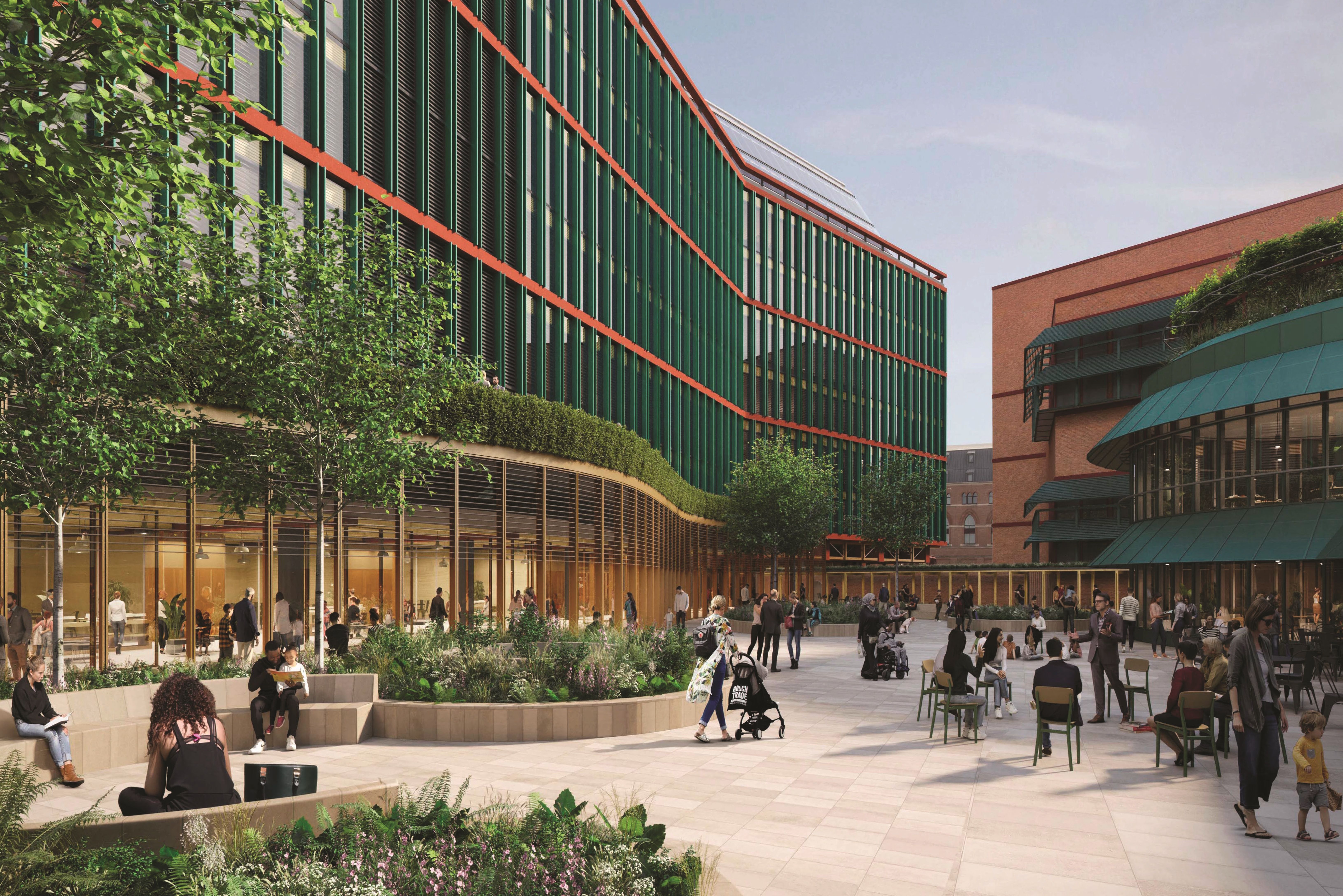 Artist’s impression of the new British Library extension with people gathered in the outside area.