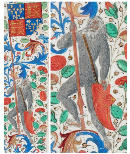 Wodewose holding the arms of England, La Bible Historiale, c. 1470–79, Southern Netherlands, Royal MS 15 D I, f. 18.