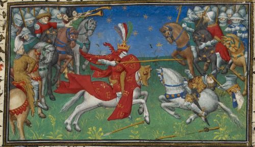 Alexander unhorses Porrus. Knights and trumpeters observe on both sides.