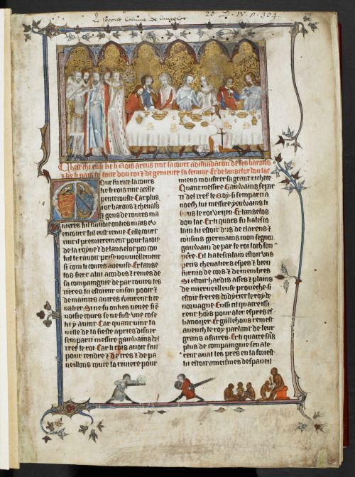 Manuscript page, illustration at the top showing figures around a table