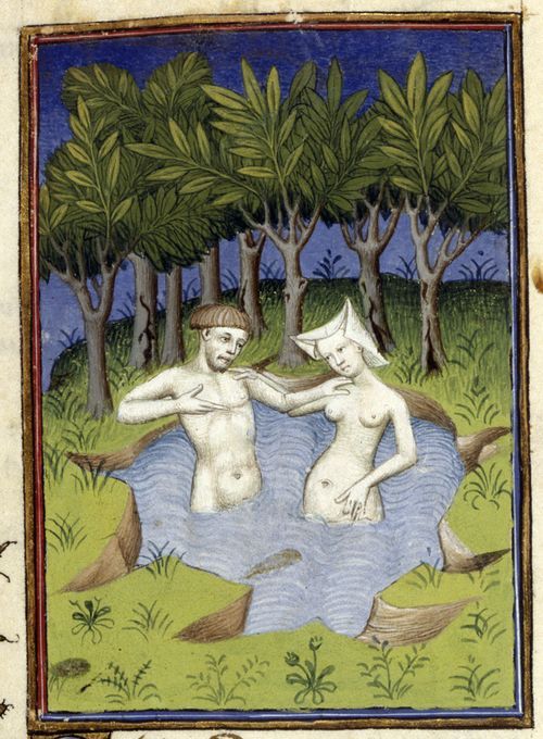 An illustration of Hermaphroditus and the nymph Salmacis bathing in a lake, from Christine de Pizan's The Book of the Queen.