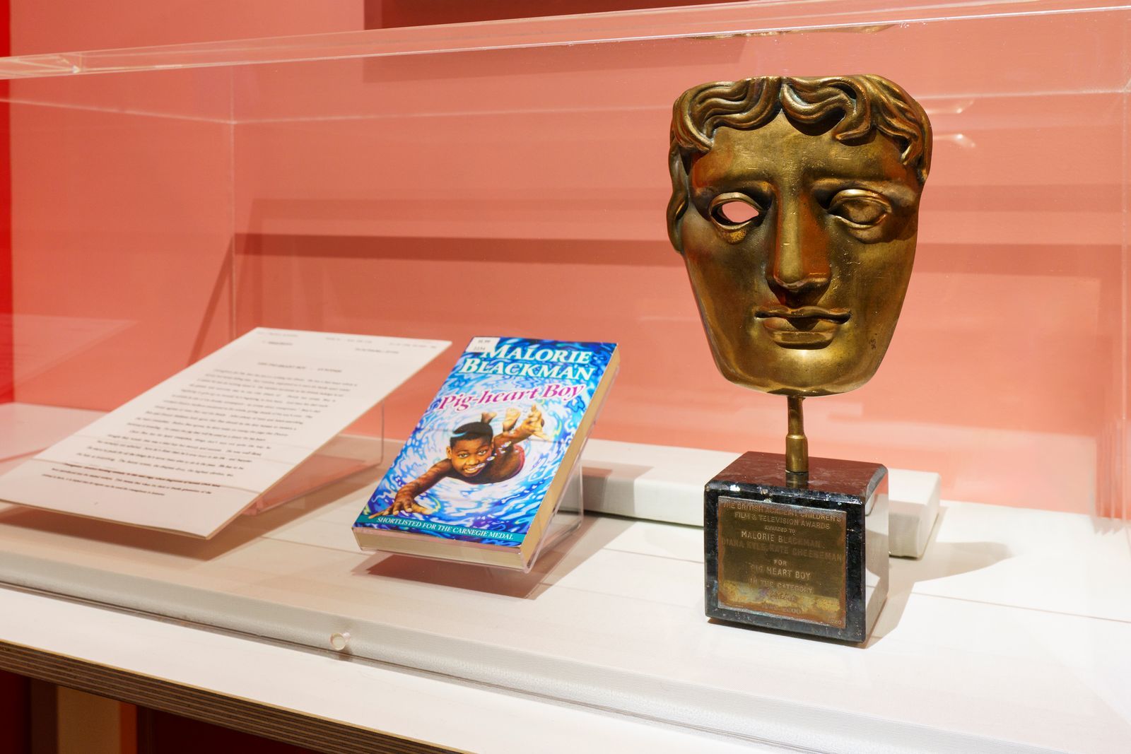 Blackman's BAFTA award for the TV adaptation of Pig Heart Boy on display at the British Library