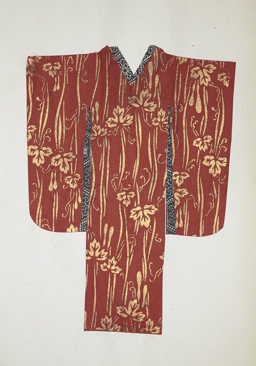 Gold leaves on red background textile design.