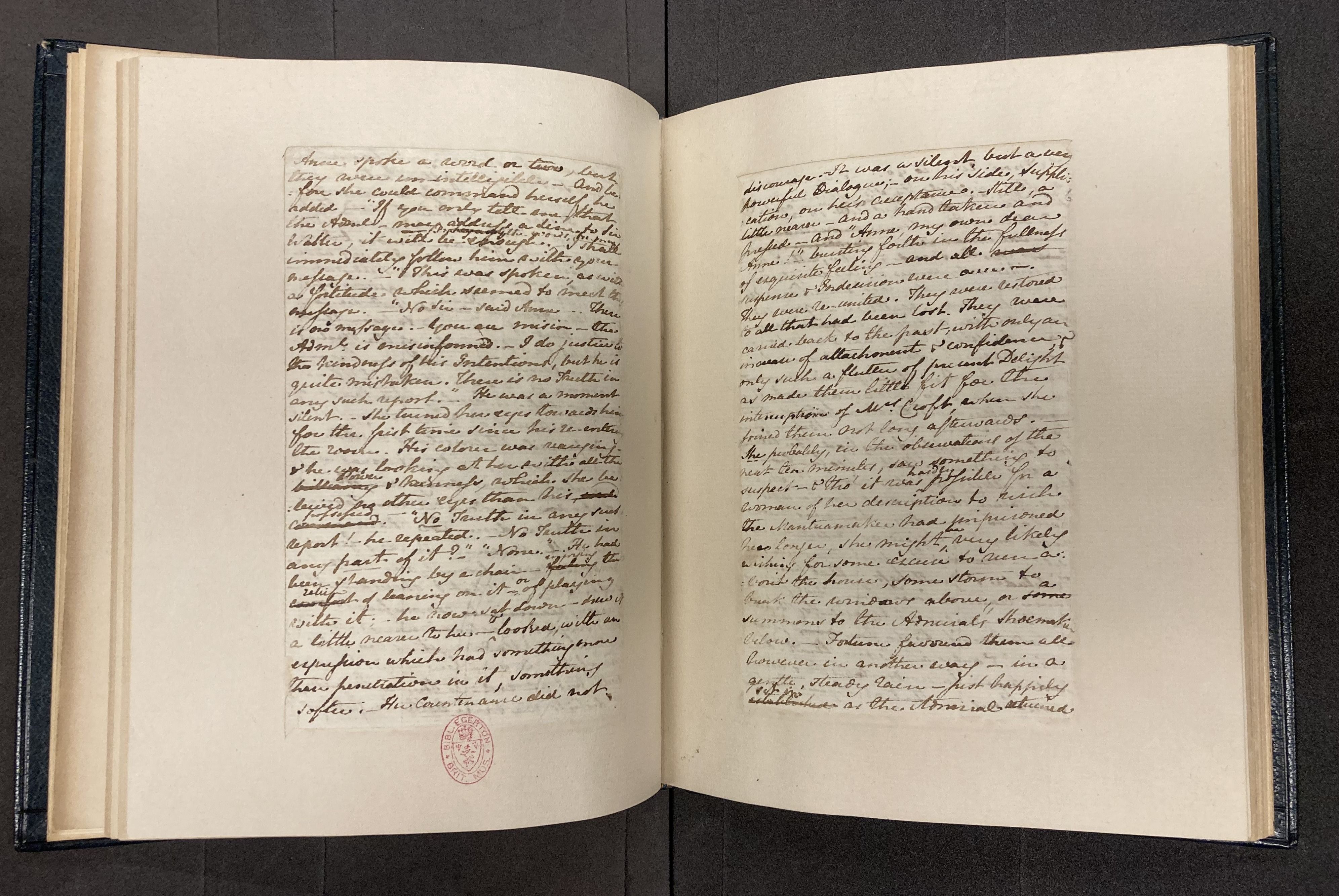 A double page opening of Jane Austen's manuscript for chapters 10 and 11 of Persuasion.